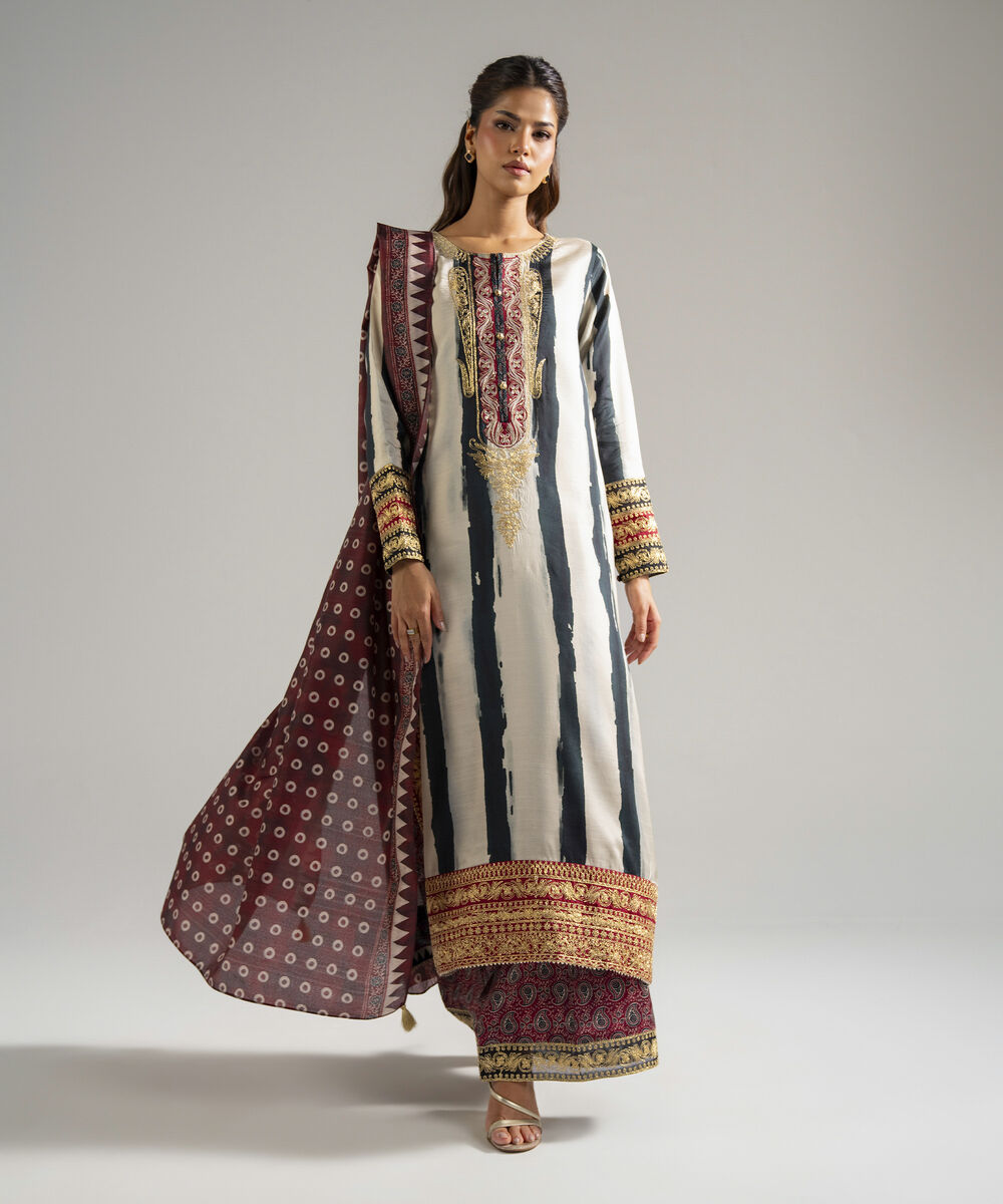 Women's RTW Bright Raw Silk Embroidered Off White 3 Piece Suit