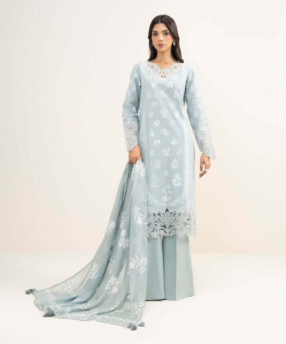 Women's Unstitched Extra Weft Jacquard Embroidered Blue 3 Piece Suit