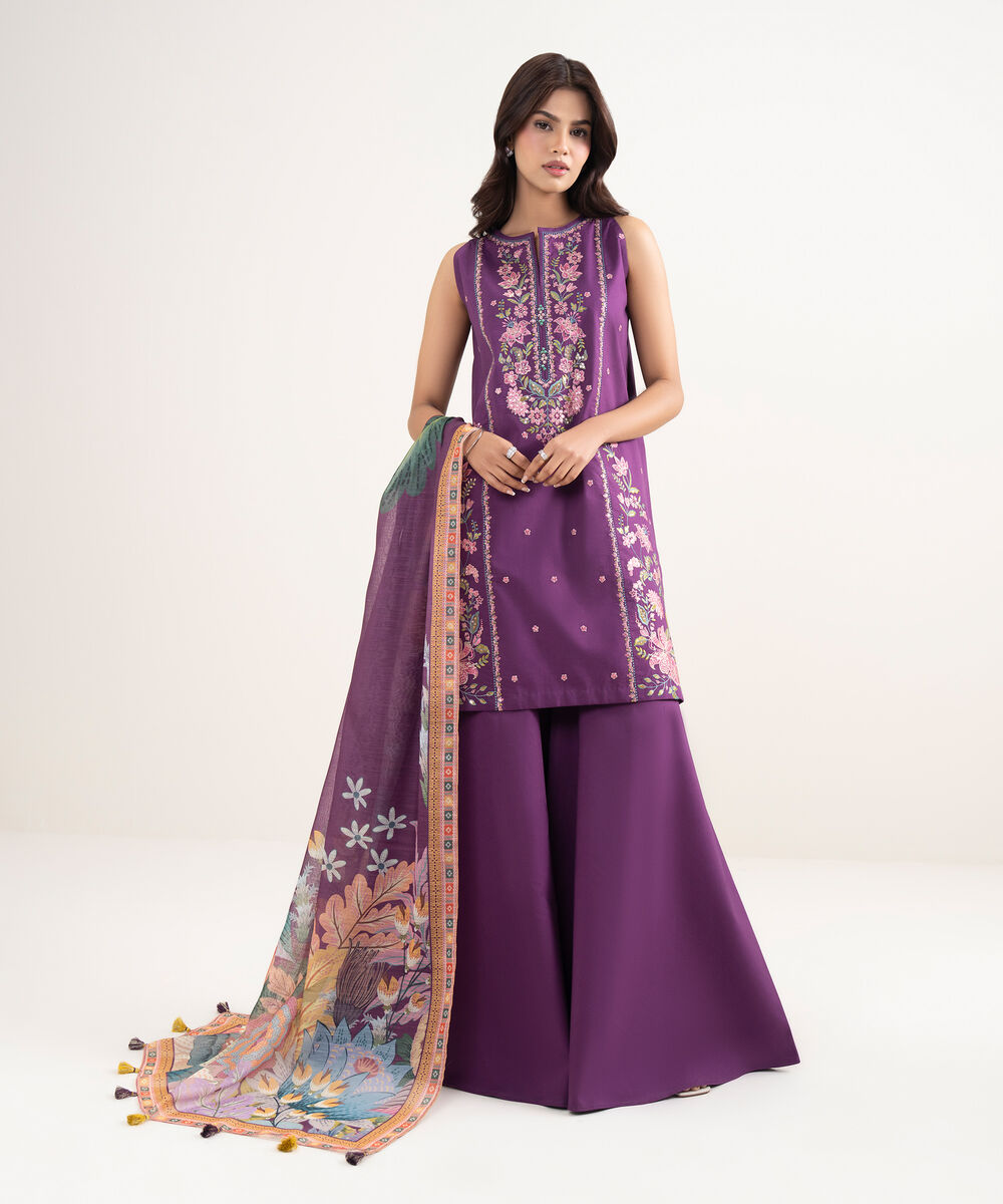 Women's Unstitched Lawn Purple Embroidered 3 Piece Suit