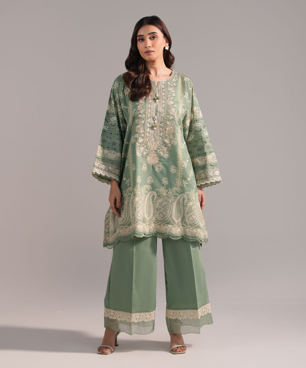 Women's RTW Zari Lawn Embroidered Green Straight Shirt