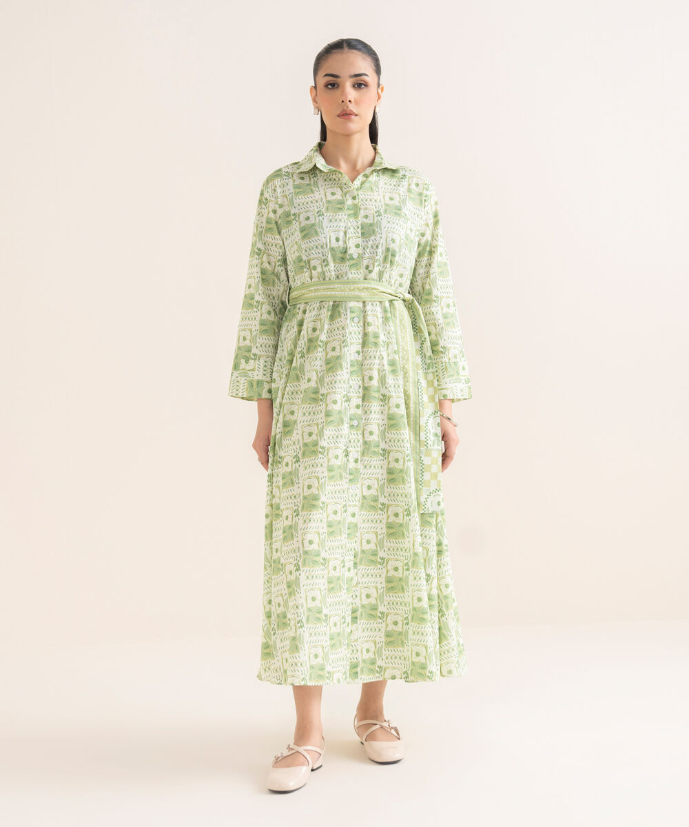 Women's RTW Cambric Printed Green Dress