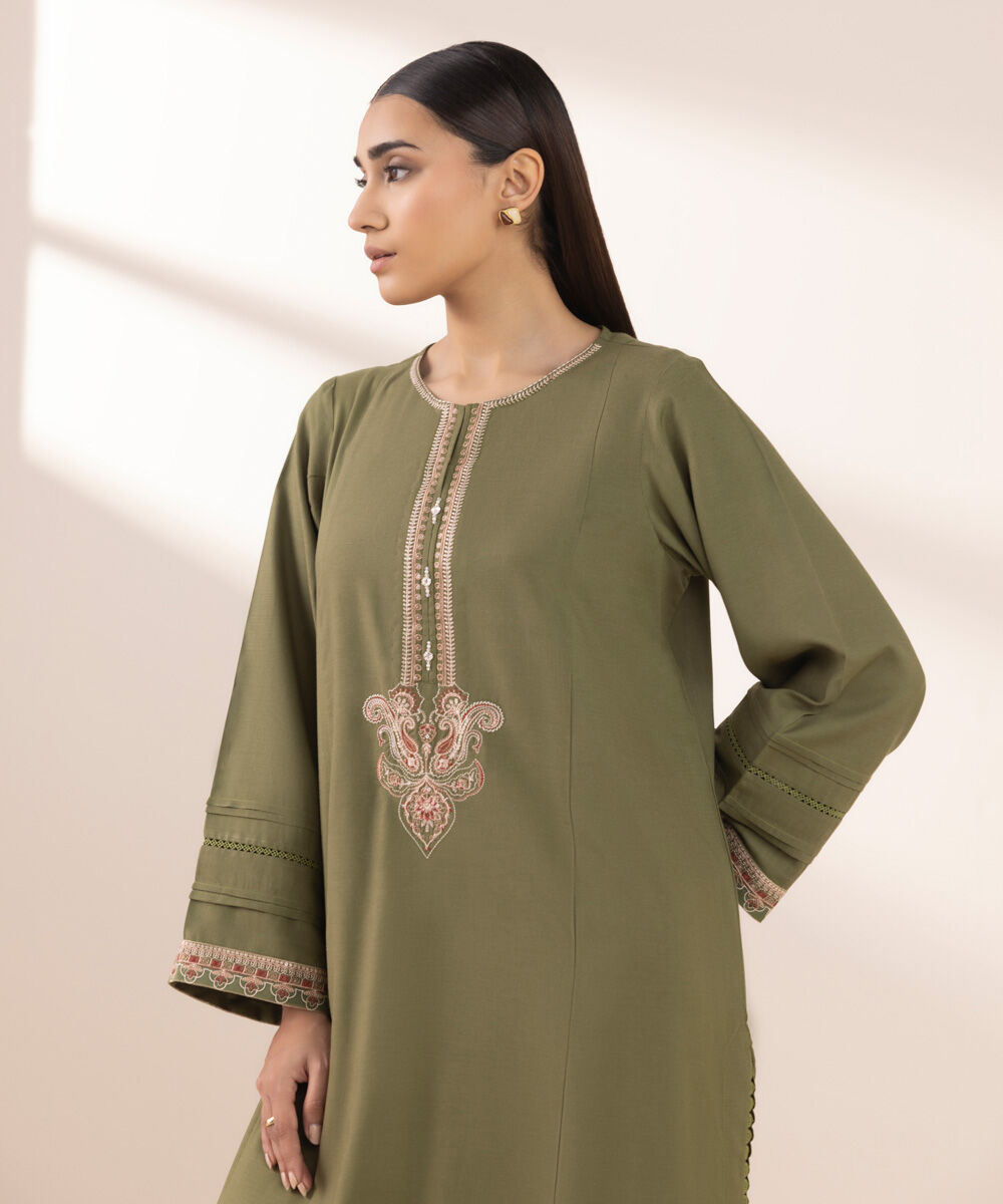 Women's Pret Cotton Viscose Olive Embroidered Straight Shirt