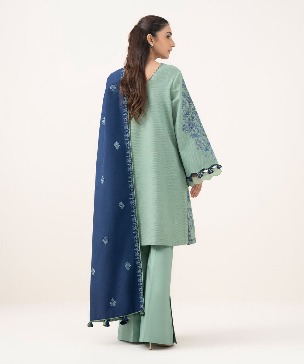 Women's Unstitched Dobby Embroidered Green 3 Piece Suit