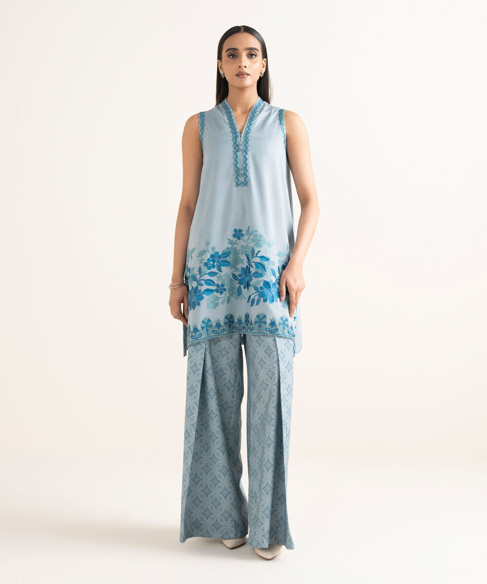 Women's Unstitched Linen Embroidered Blue 2 Piece Suit