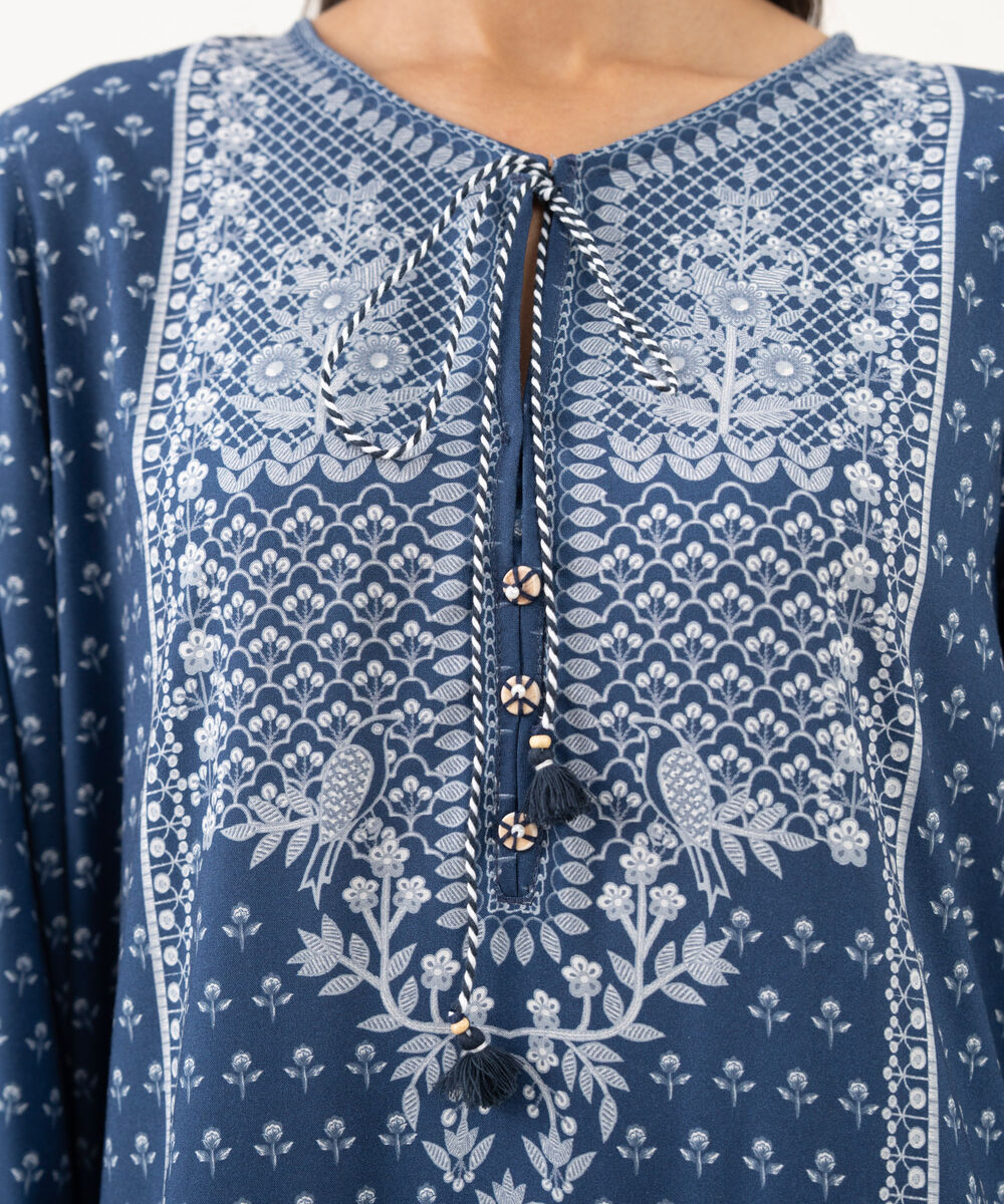 Women's RTW Viscose Linen Printed Blue A-Line Shirt