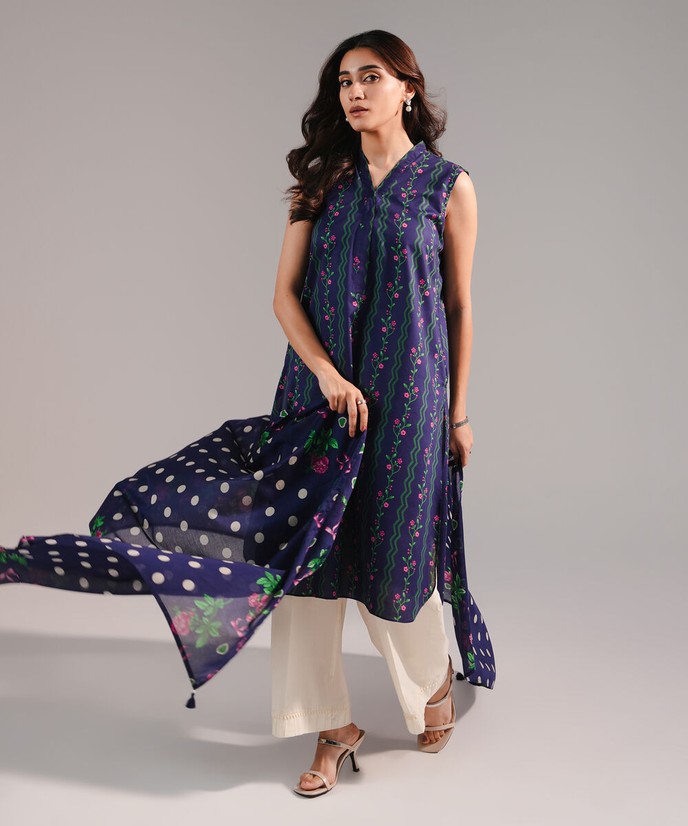 Women's RTW Cotton Viscose Printed Dark Blue 2 Piece Suit