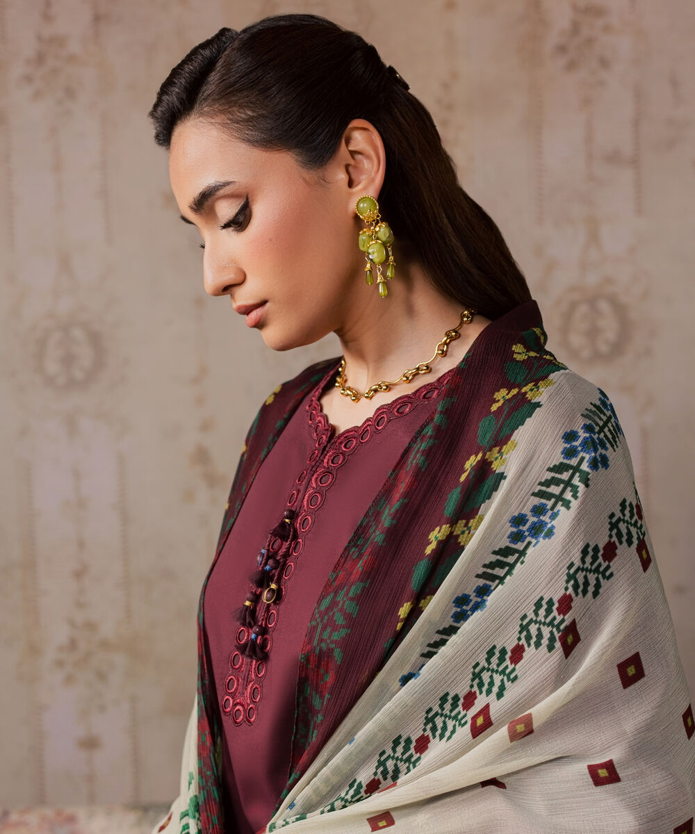 Women's Unstitched Textured Lawn Embroidered Red 3 Piece Suit