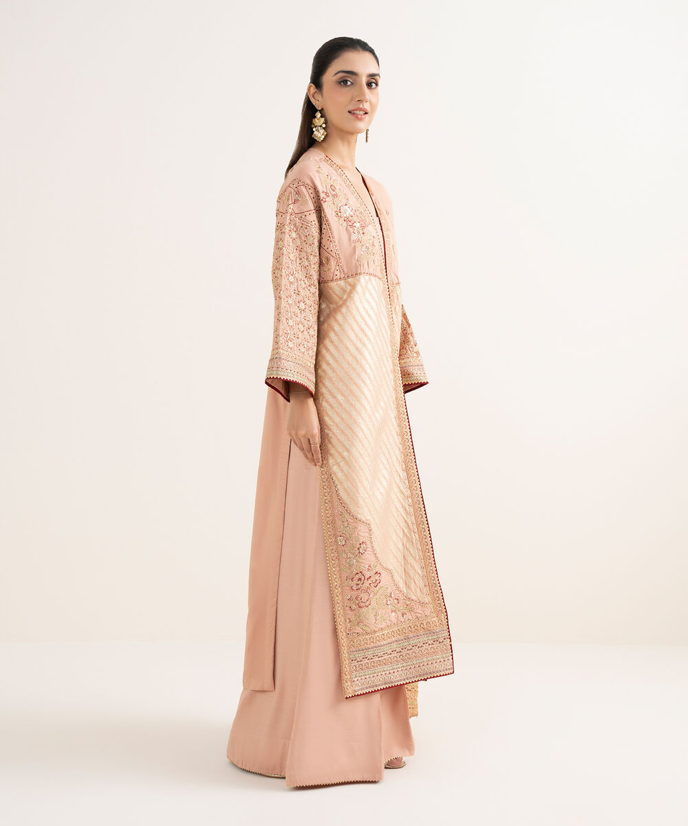Women's RTW Textured Viscose Embroidered Dusty Peach 3 Piece Suit