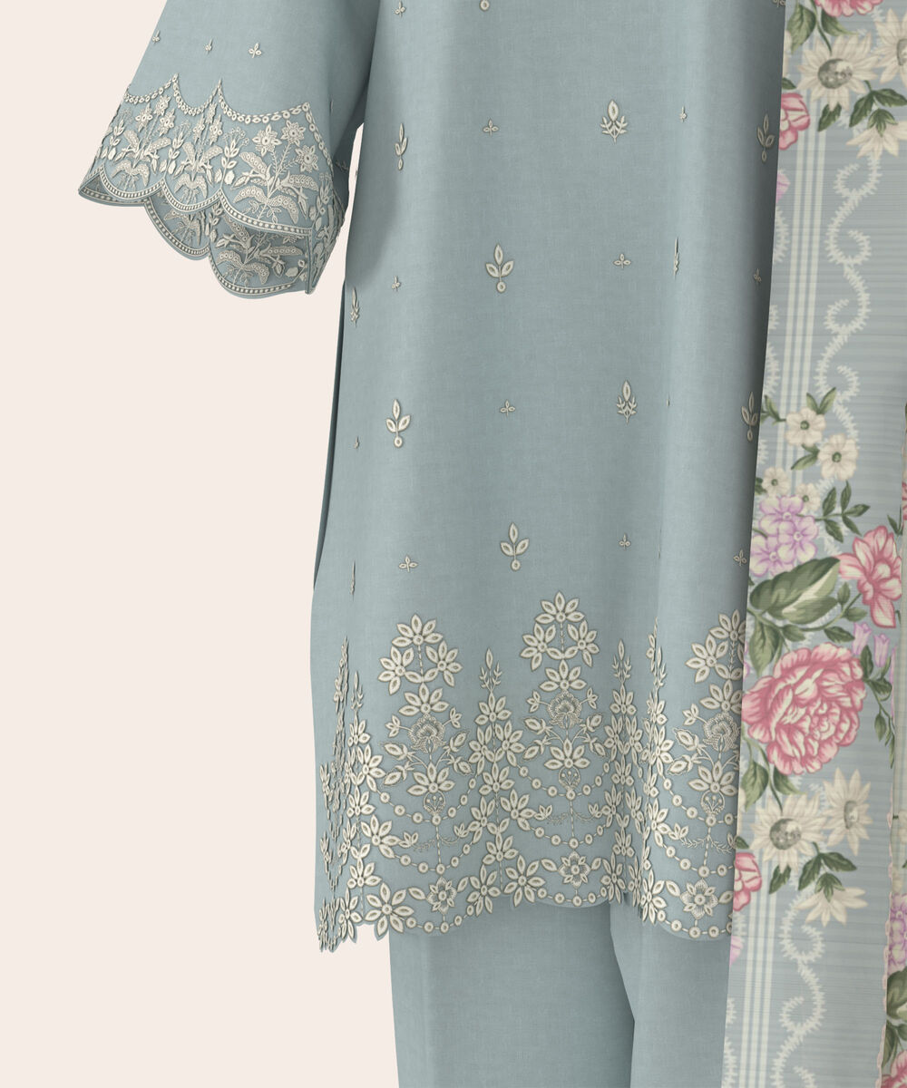 Women's Unstitched Self Jacquard Blue Embroidered 3 Piece Suit
