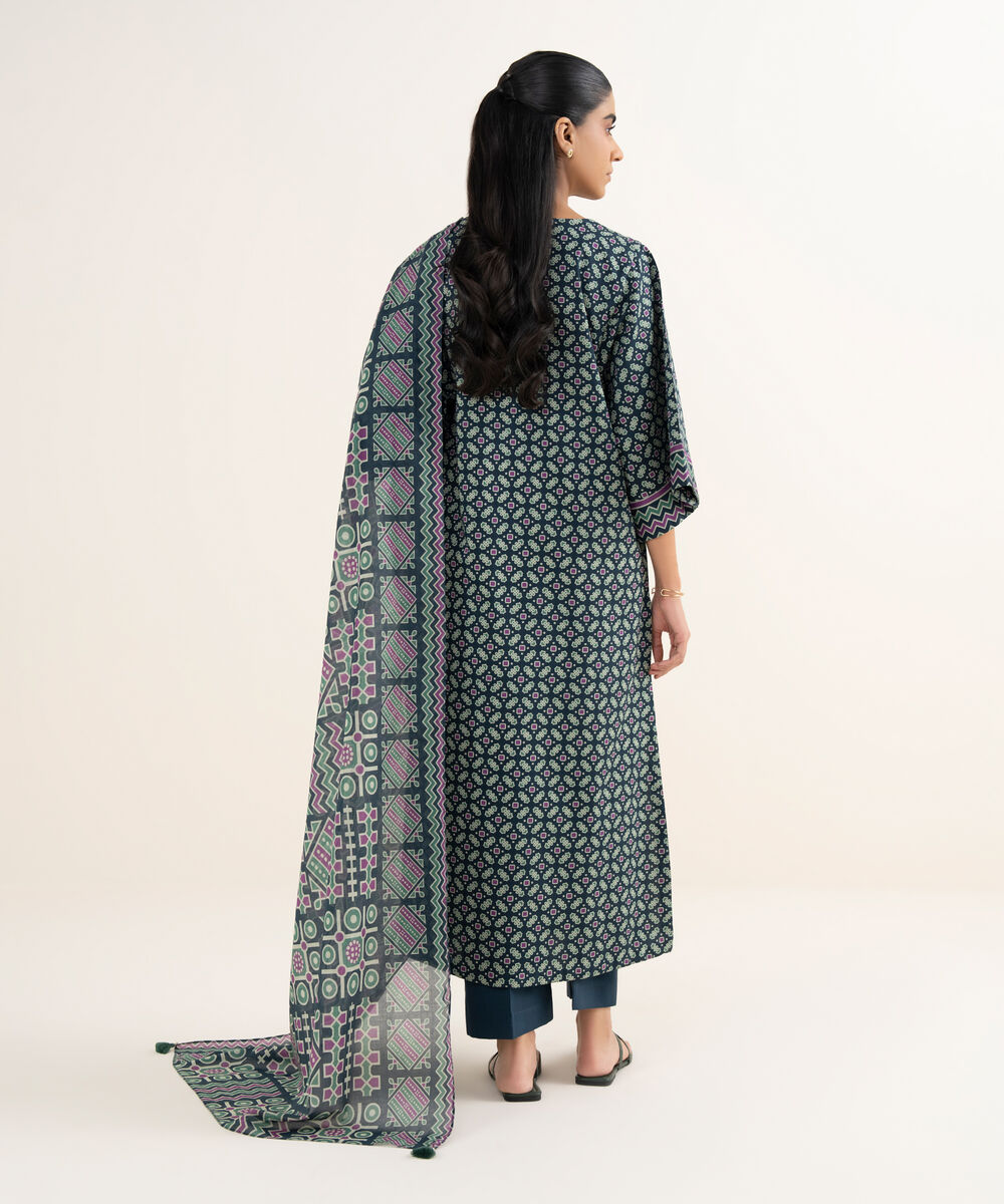 Women's Unstitched Lawn Printed Blue 3 Piece Suit