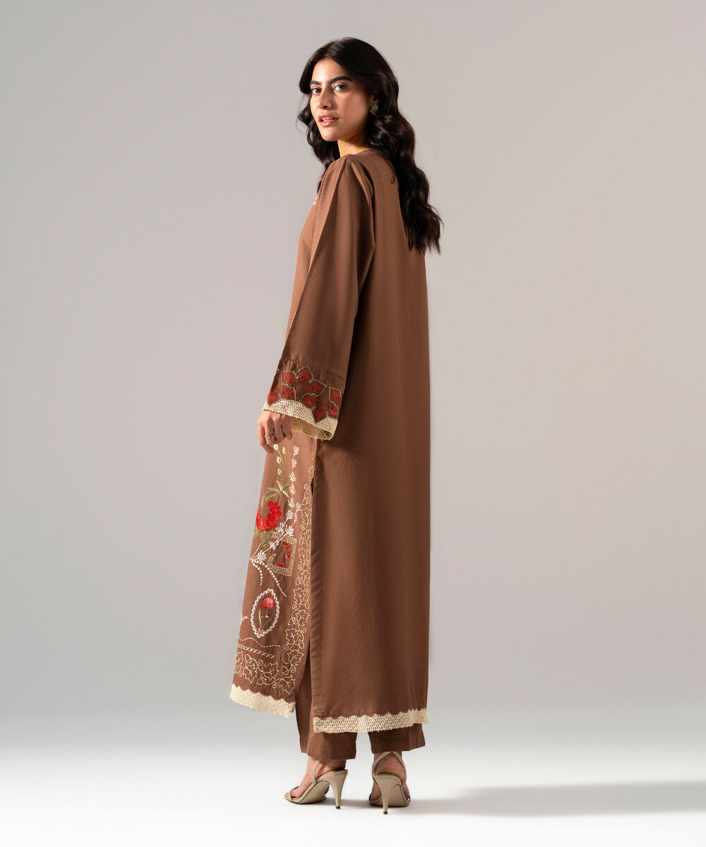 Women's RTW Solid Embroidered Brown Cotton Viscose Shirt