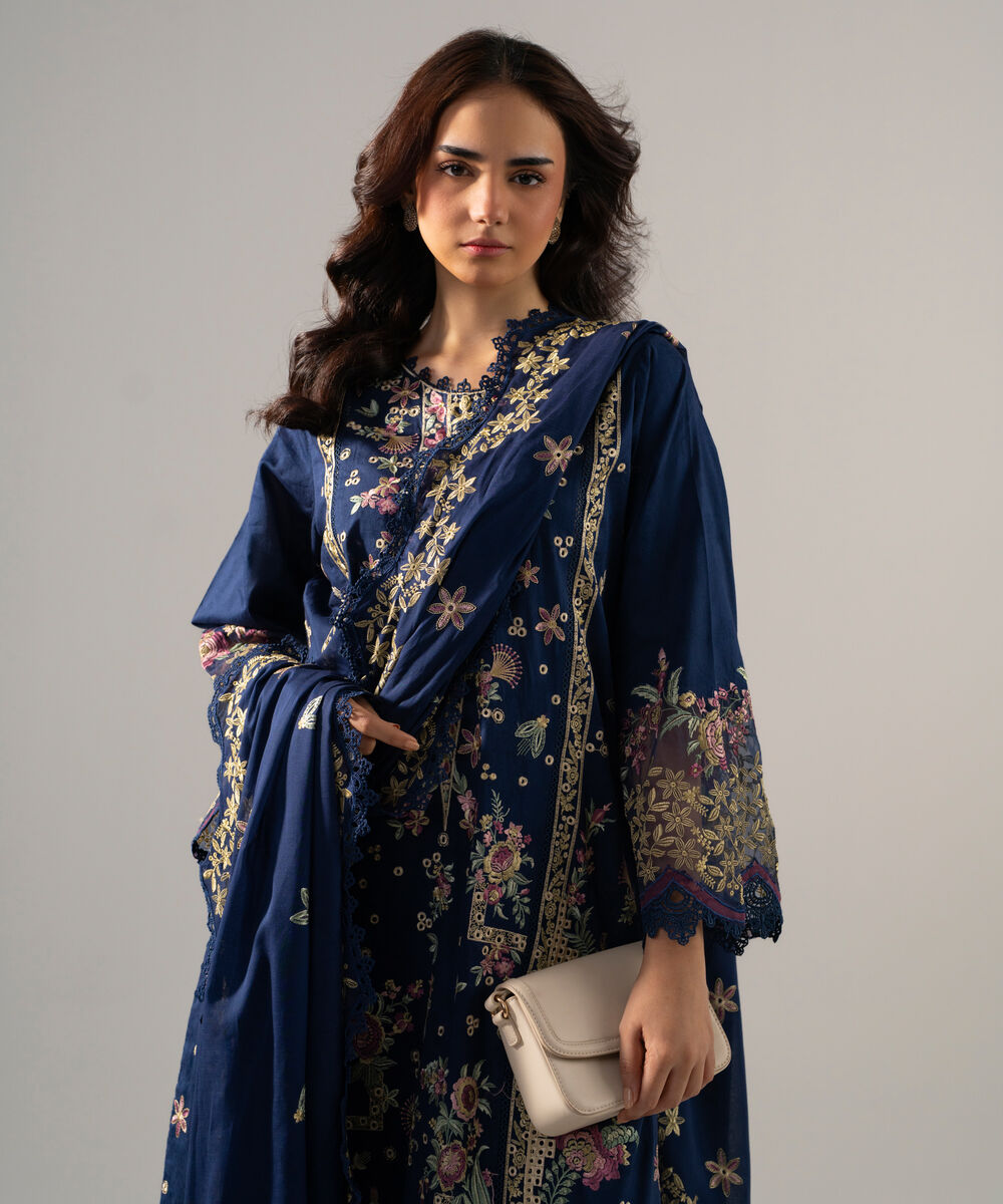Women's RTW Self Jacquard Solid Embroidered Dark Blue 3 Piece Suit