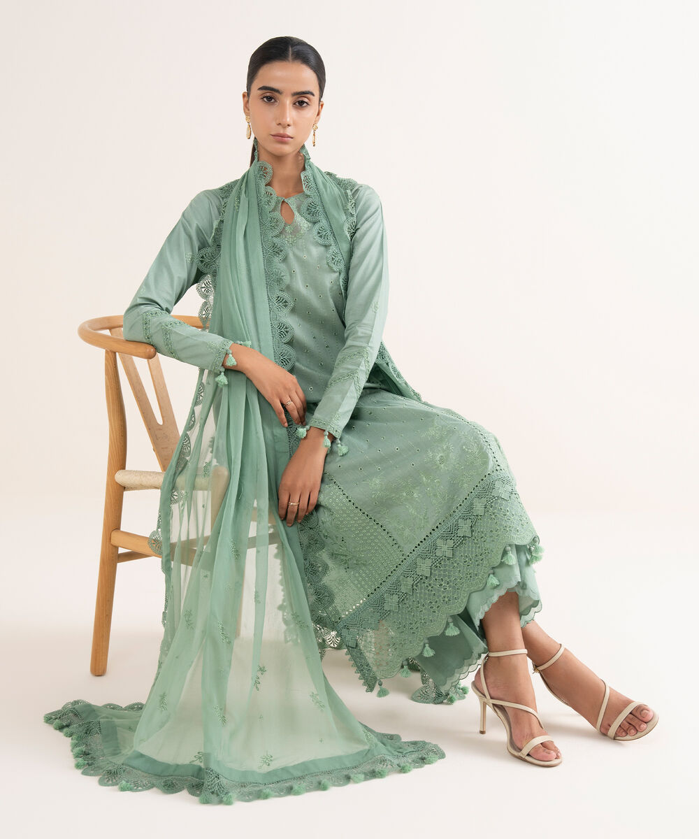 Women's Unstitched Lawn Embroidered Green 3 Piece Suit