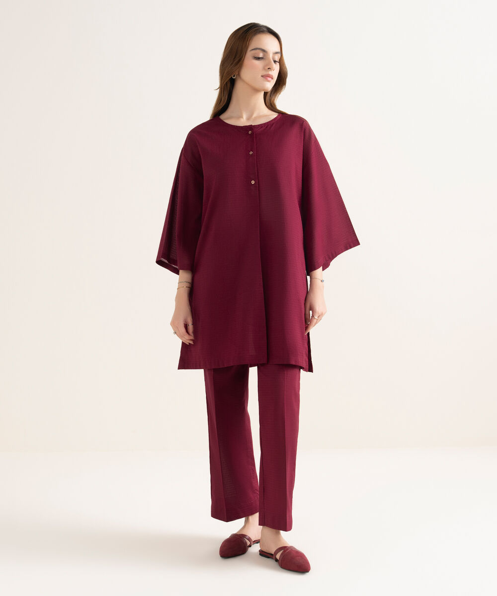 Women's RTW Textured Cotton Solid Boxy Red Shirt