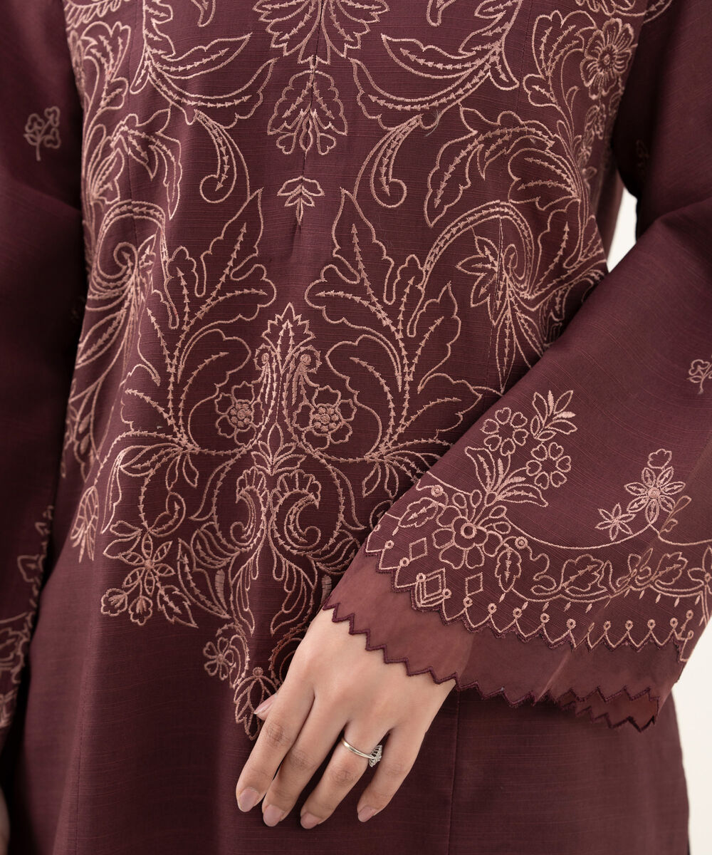 Women's Unstitched Embroidered Cotton Maroon 3 Piece Suit