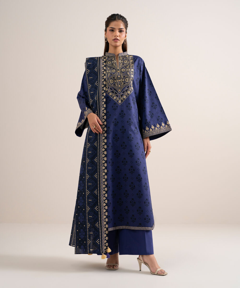 Women's Unstitched Lawn Embroidered Blue 3 Piece Suit