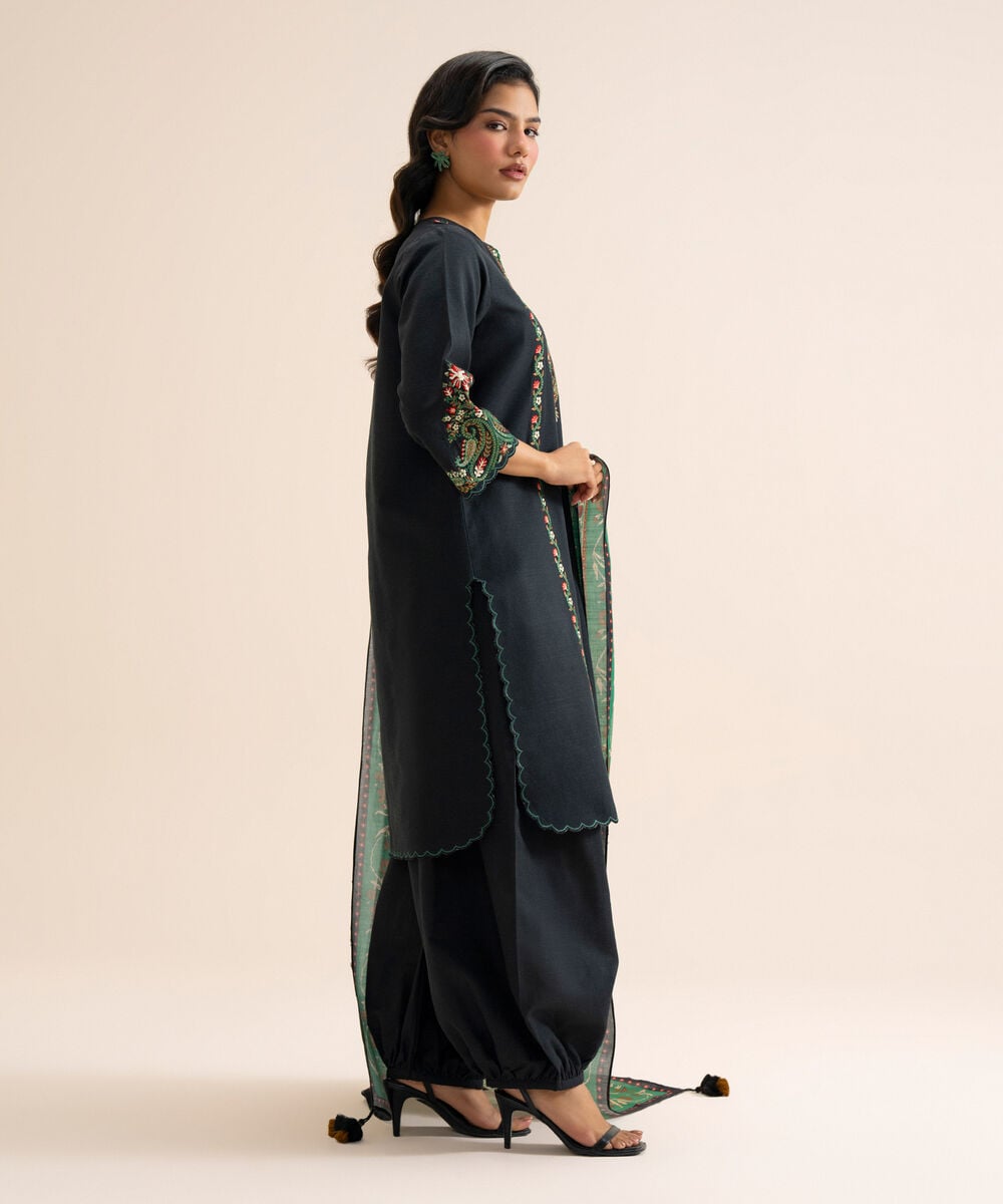 Women's Unstitched Light Khaddar Embroidered Green & Black 3 Piece Suit