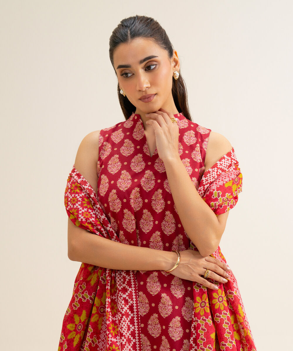 Women's Unstitched Cotton Viscose Printed Red 3 Piece Suit