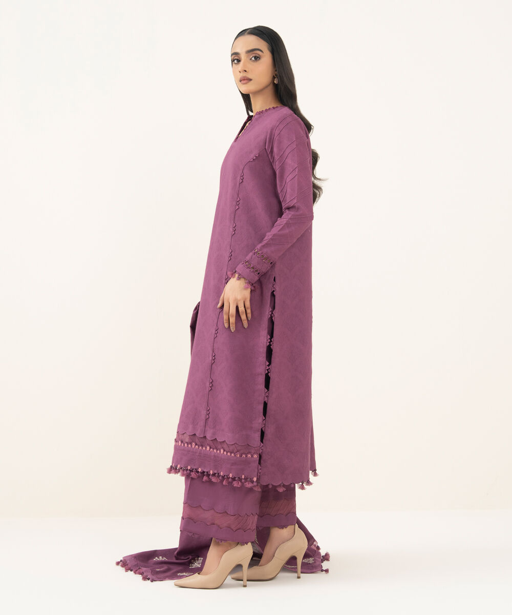 Women's Unstitched Dyed Cotton Jacquard Purple 3 Piece Suit