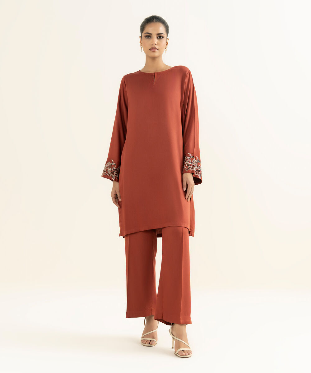 Women's RTW Bedford  Embroidered Rust Straight Shirt