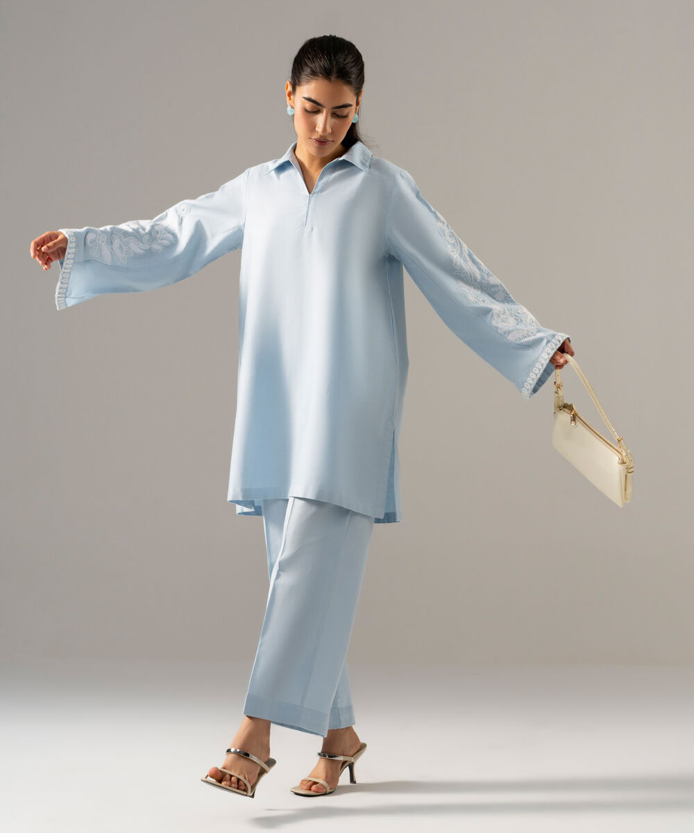 Women's RTW Cotton Linen Embroidered Ice Blue 2 Piece Suit