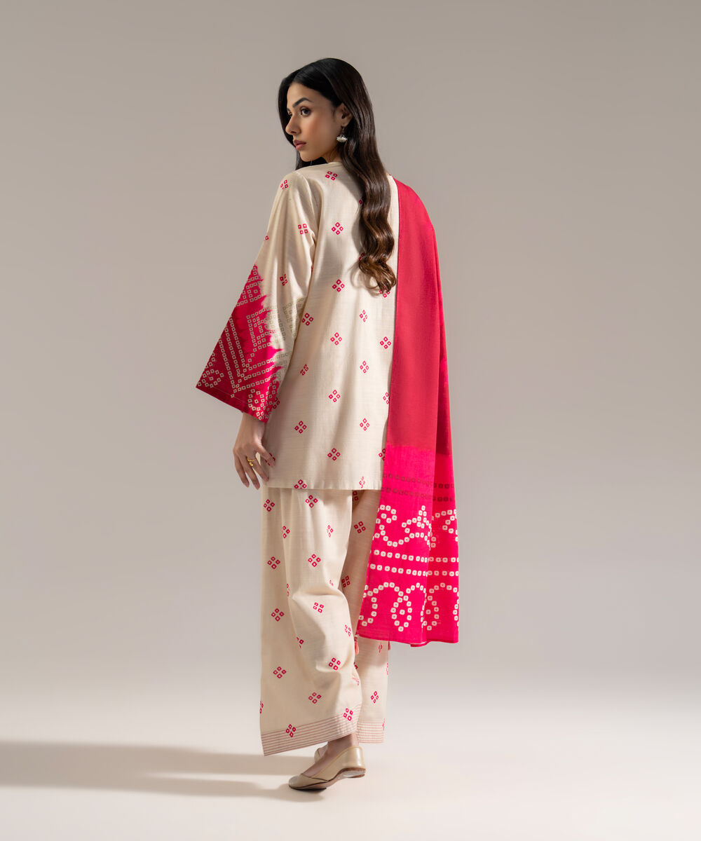 Women's RTW Khaddar Printed Off White 3 Piece Suit