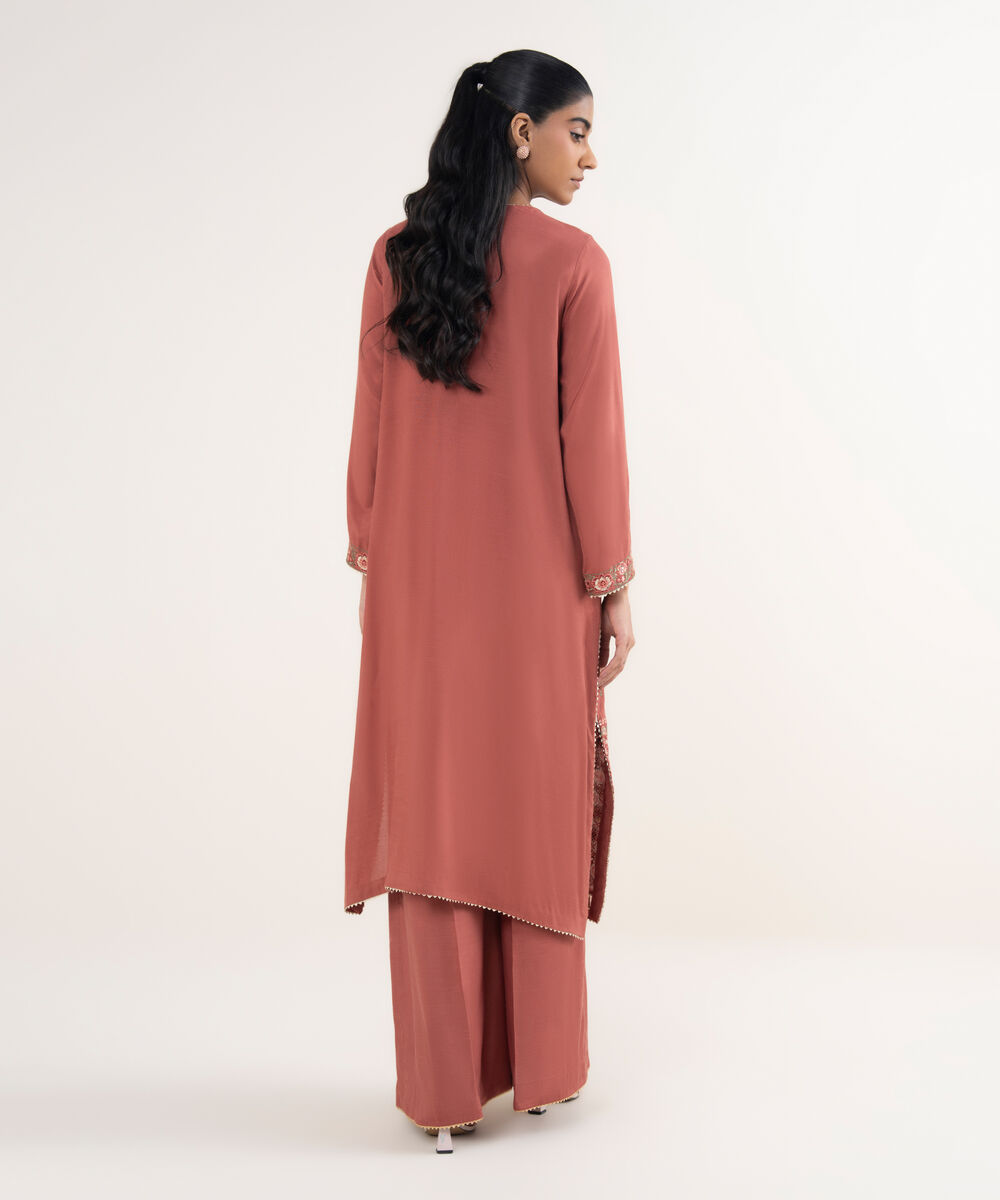 Women's RTW Viscose Raw Silk Pink Embroidered A-Line Shirt