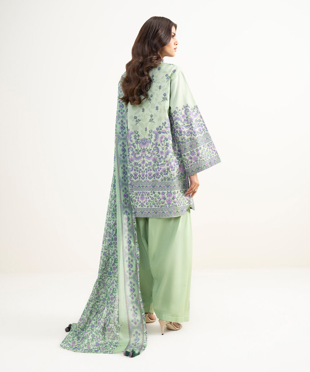 Women's Unstitched Zari Lawn Embroidered Green 3 Piece Suit