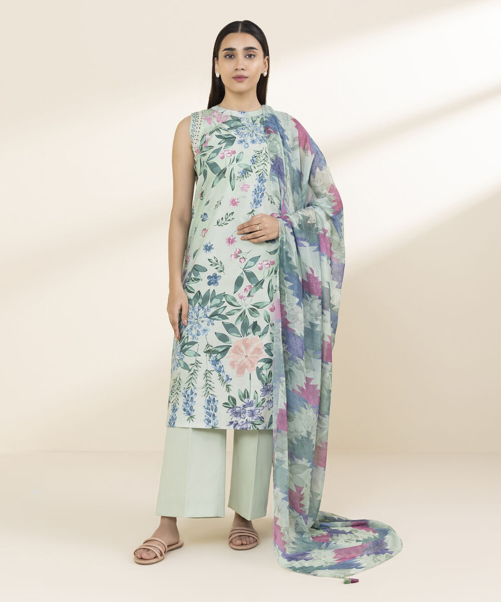 Unstitched Women's Green Lawn 3 Piece Suit