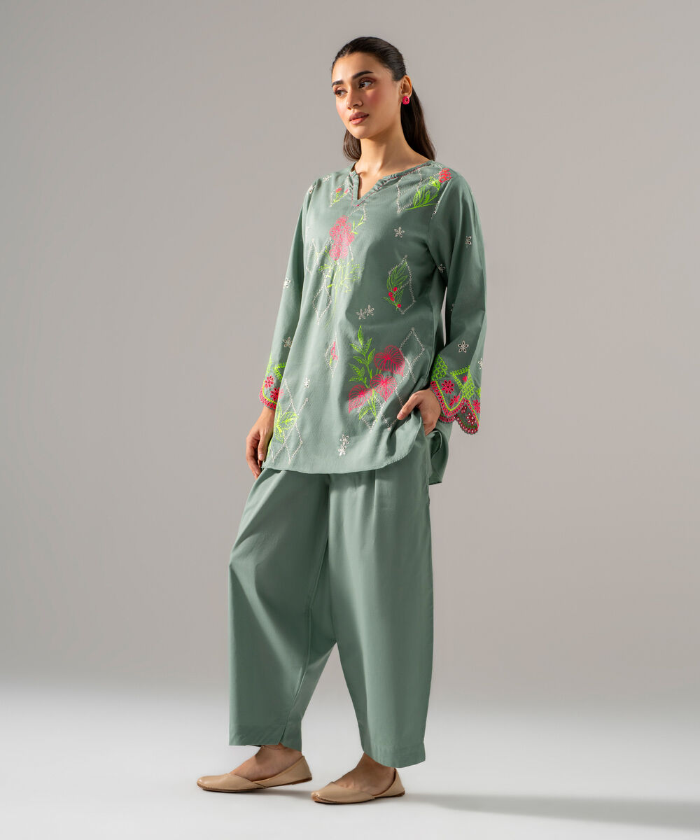 Women's RTW Dobby Solid Embroidered Blue 2 Piece Suit