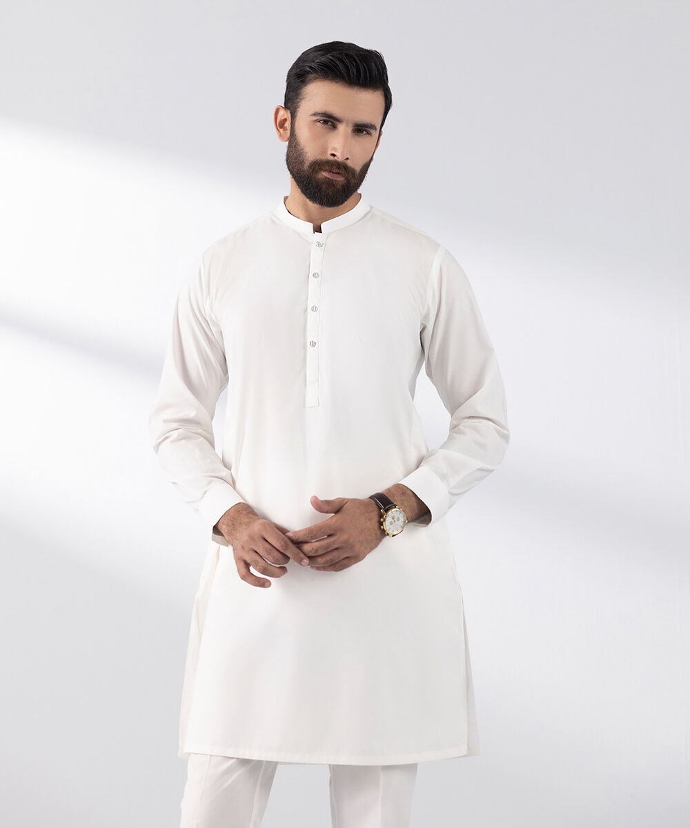 Men's Stitched 2 PC White Cotton Suit
