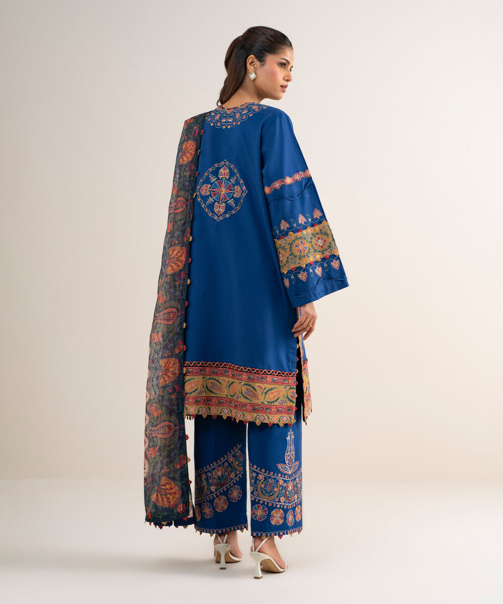 Women's Unstitched Textured Lawn Embroidered Blue  3 Piece Suit