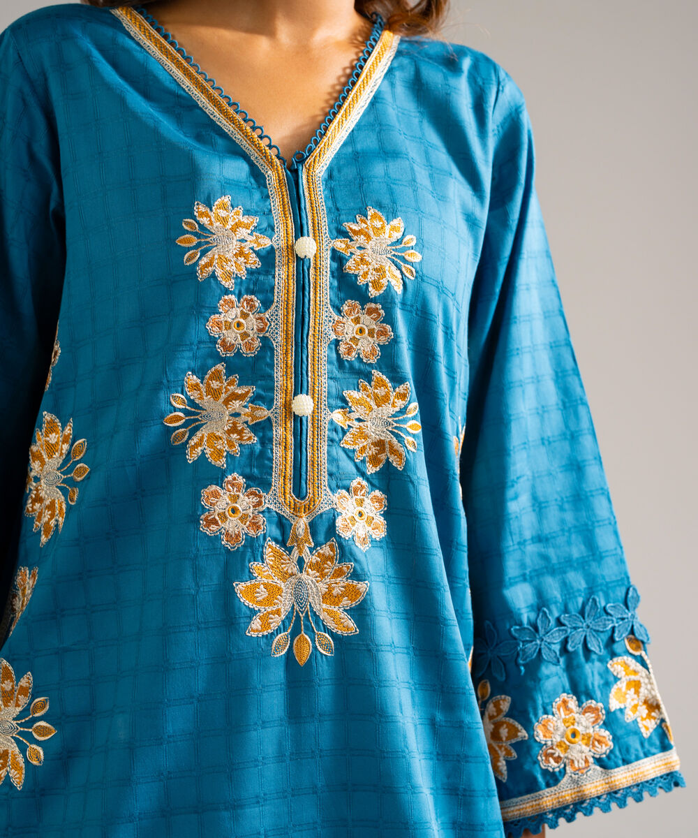 Women's RTW Dobby Embroidered Blue 2 Piece Suit
