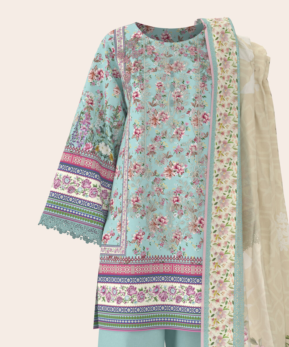 Women's Unstitched Lawn Aqua  Embroidered 3 Piece Suit