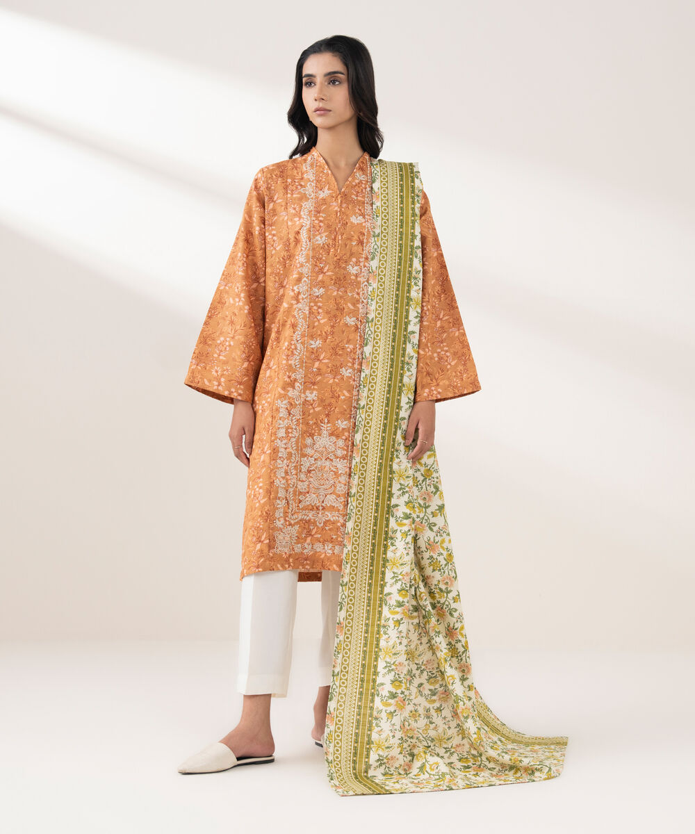 Women's RTW Khaddar Embroidered Orange 2 Piece Suit