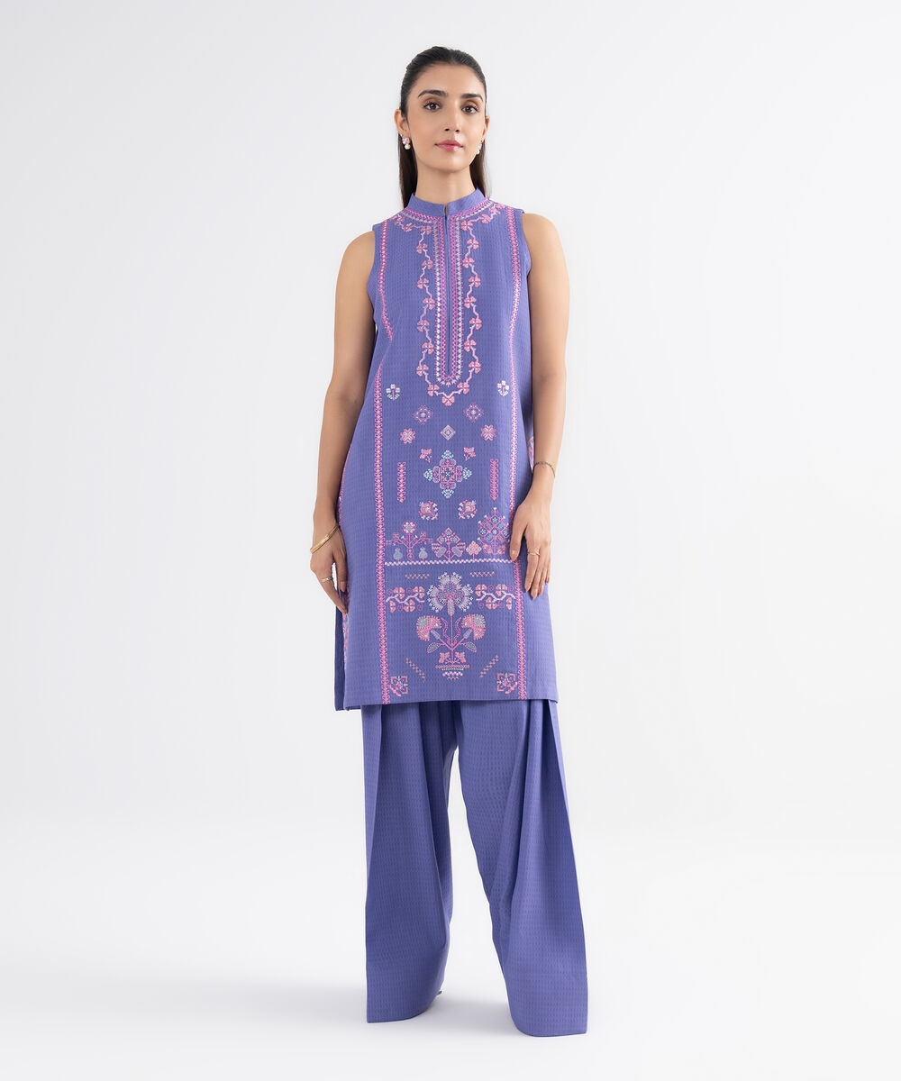 Women's Unstitched Dobby Embroidered Purple 2 Piece Suit