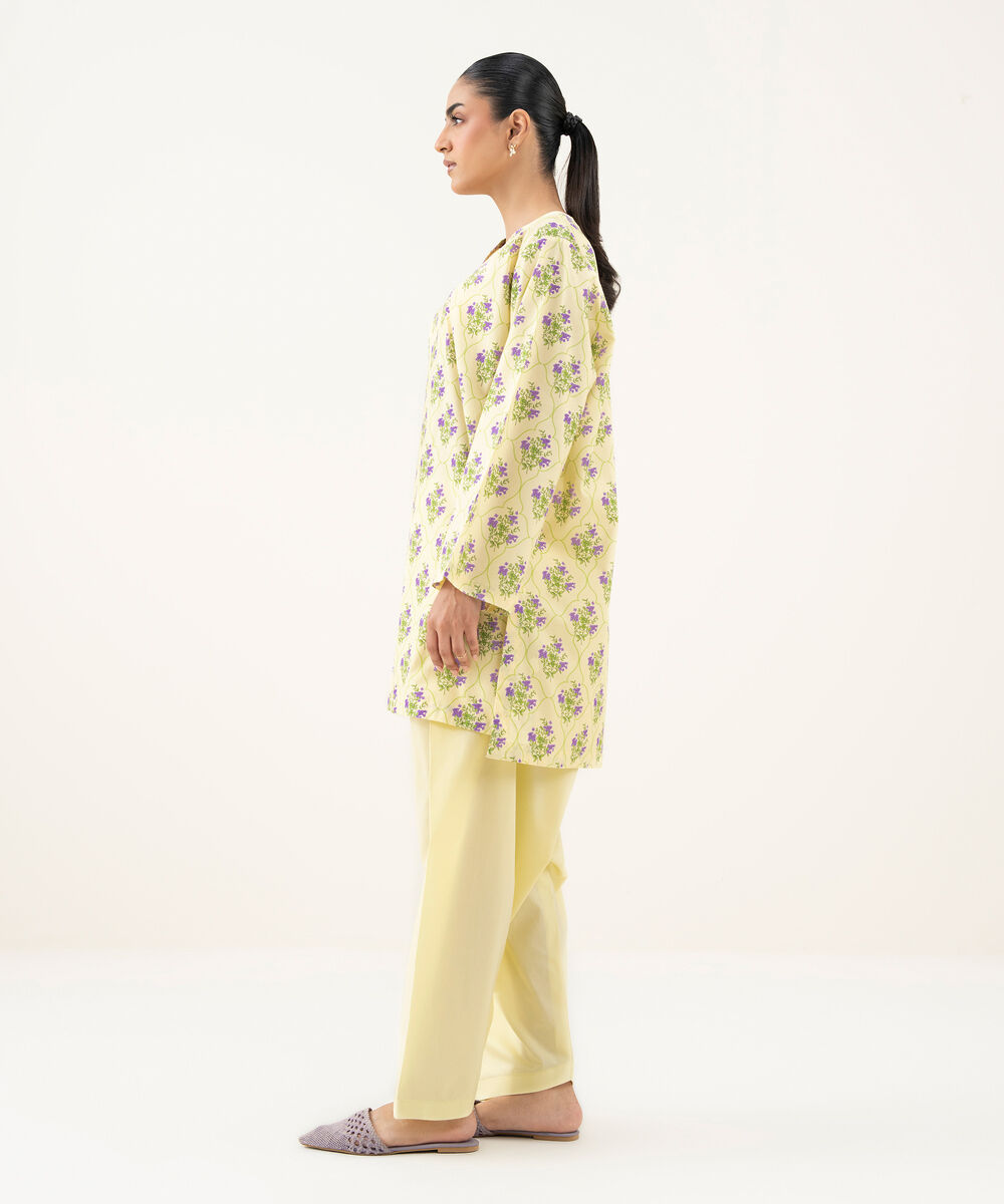 Women's RTW Cambric Printed Yellow Drop Shoulder Shirt