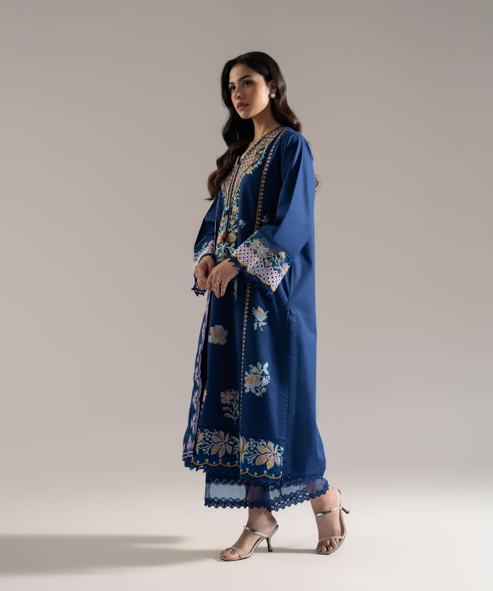 Women's RTW Dobby Solid Embroidered Blue 3 Piece Suit