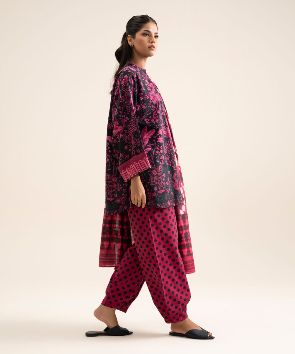 Women's Unstitched Premium Khaddar Printed Pink 3 Piece Suit