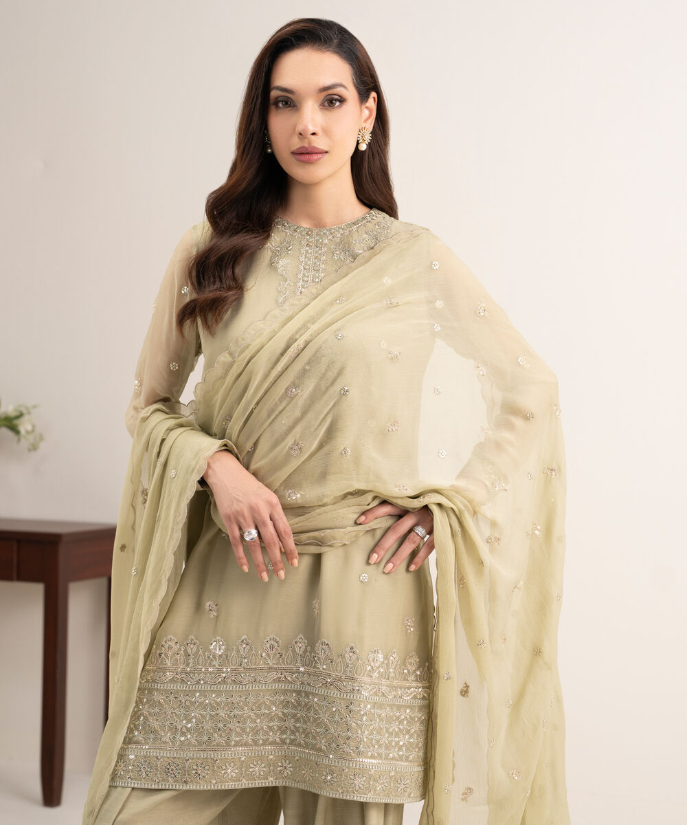 Women's Unstitched Blended Chiffon Embroidered Green 3 Piece Suit
