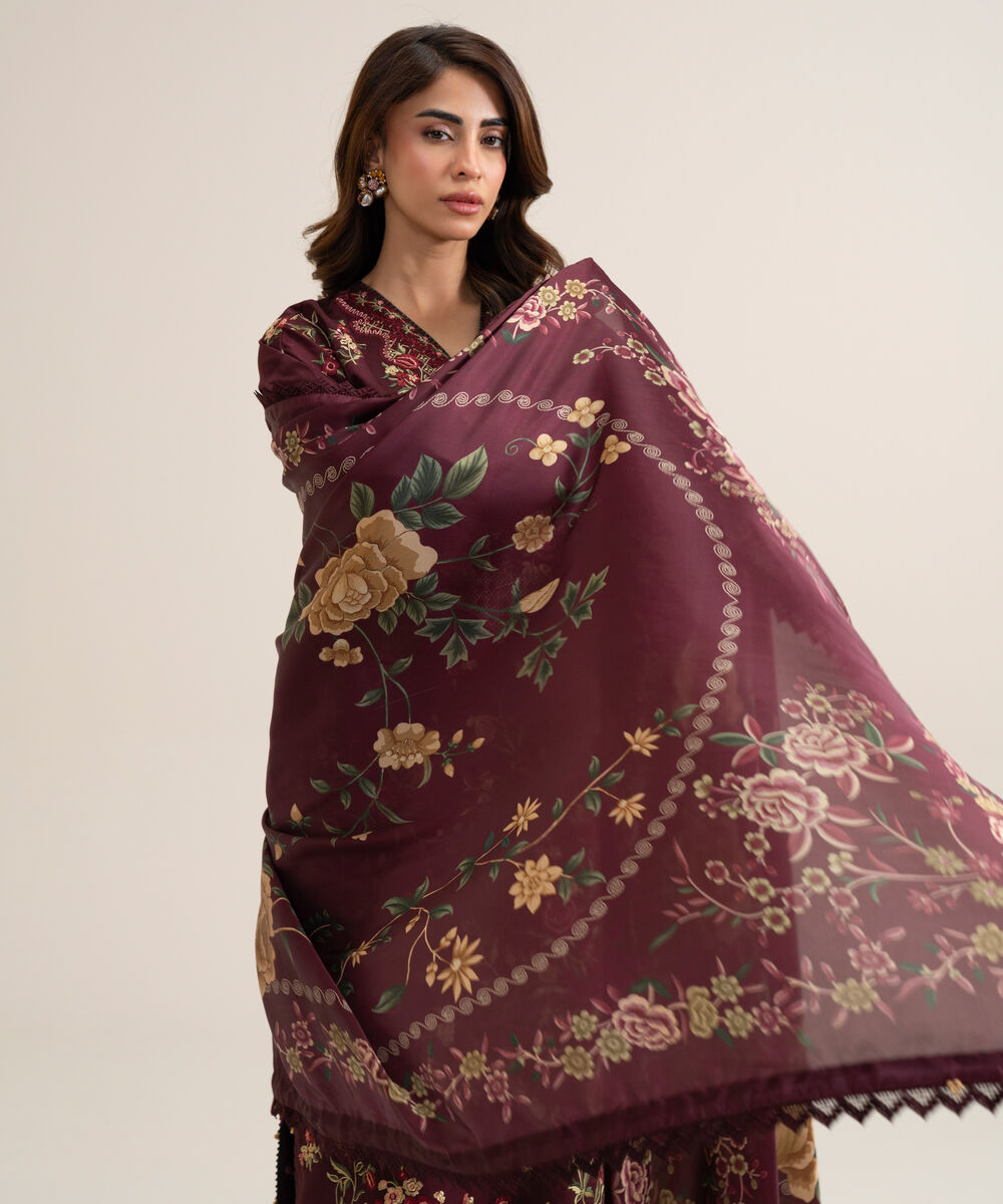 Women's Unstitched Cotton Embroidered Maroon 3 Piece Suit