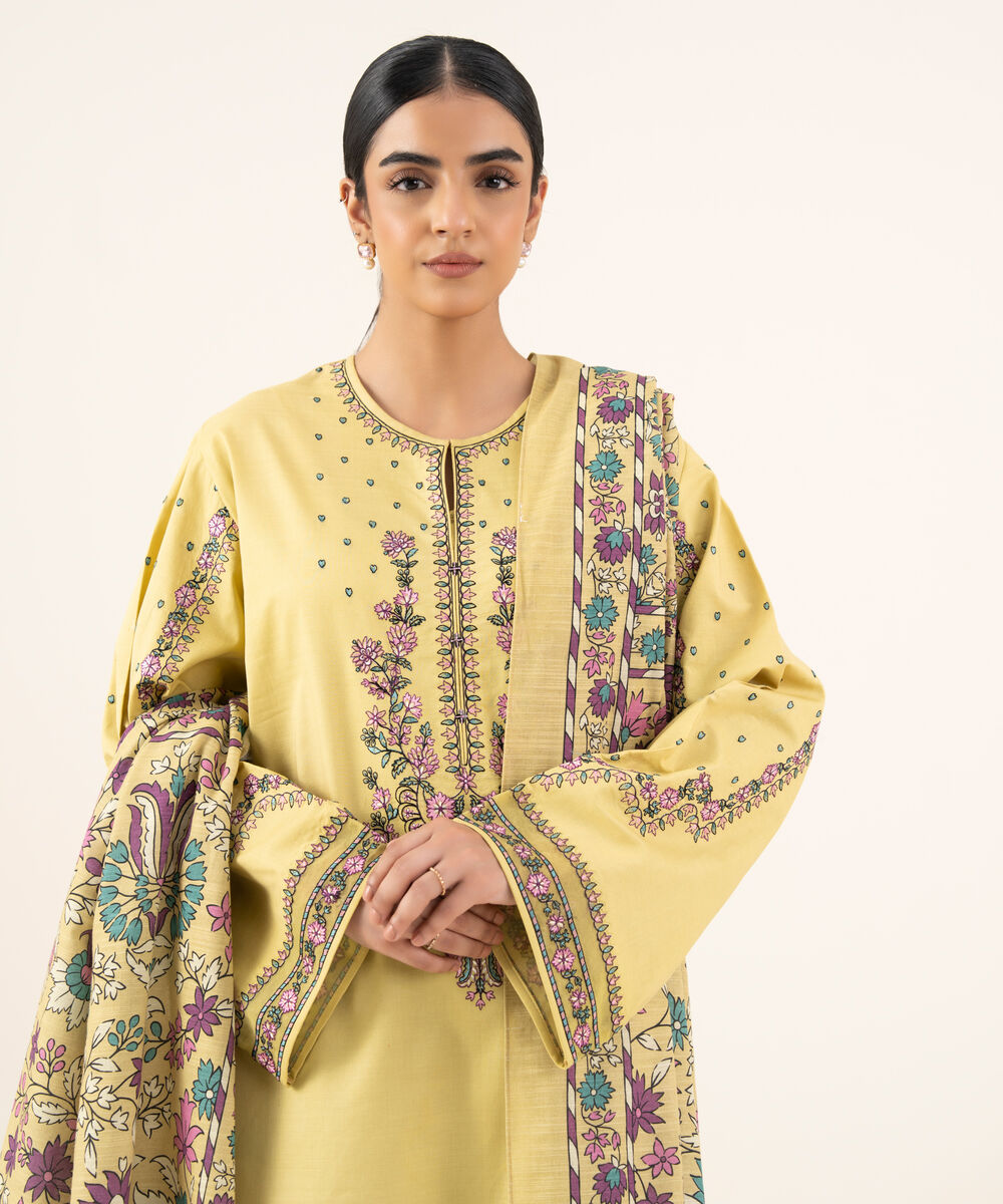 Women's Unstitched Textured Cotton Embroidered Yellow 2 Piece Suit