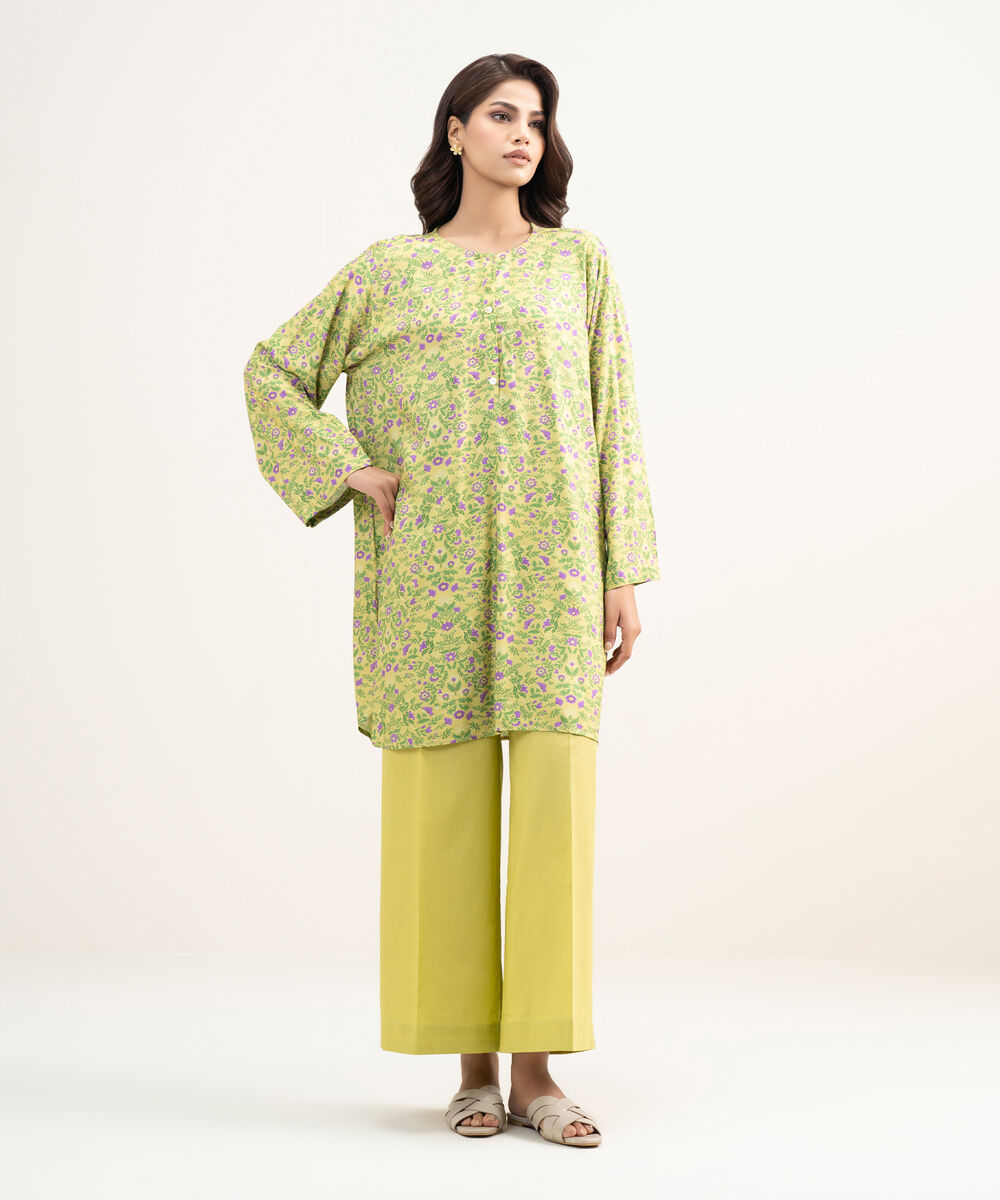 Women's RTW Arabic Lawn Printed Green Straight Shirt
