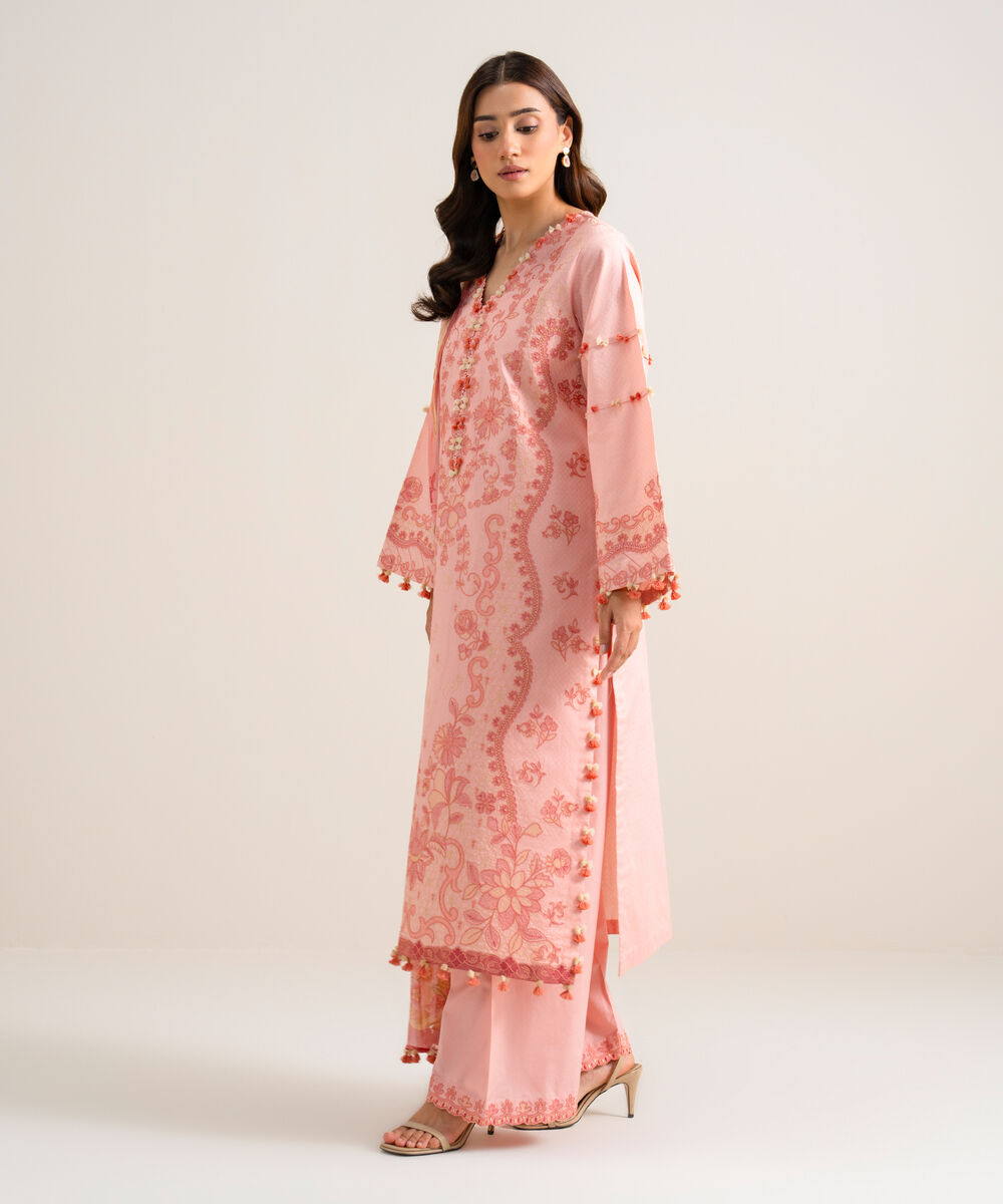 Women's Unstitched Embroidered Dobby Pink 3 Piece Suit