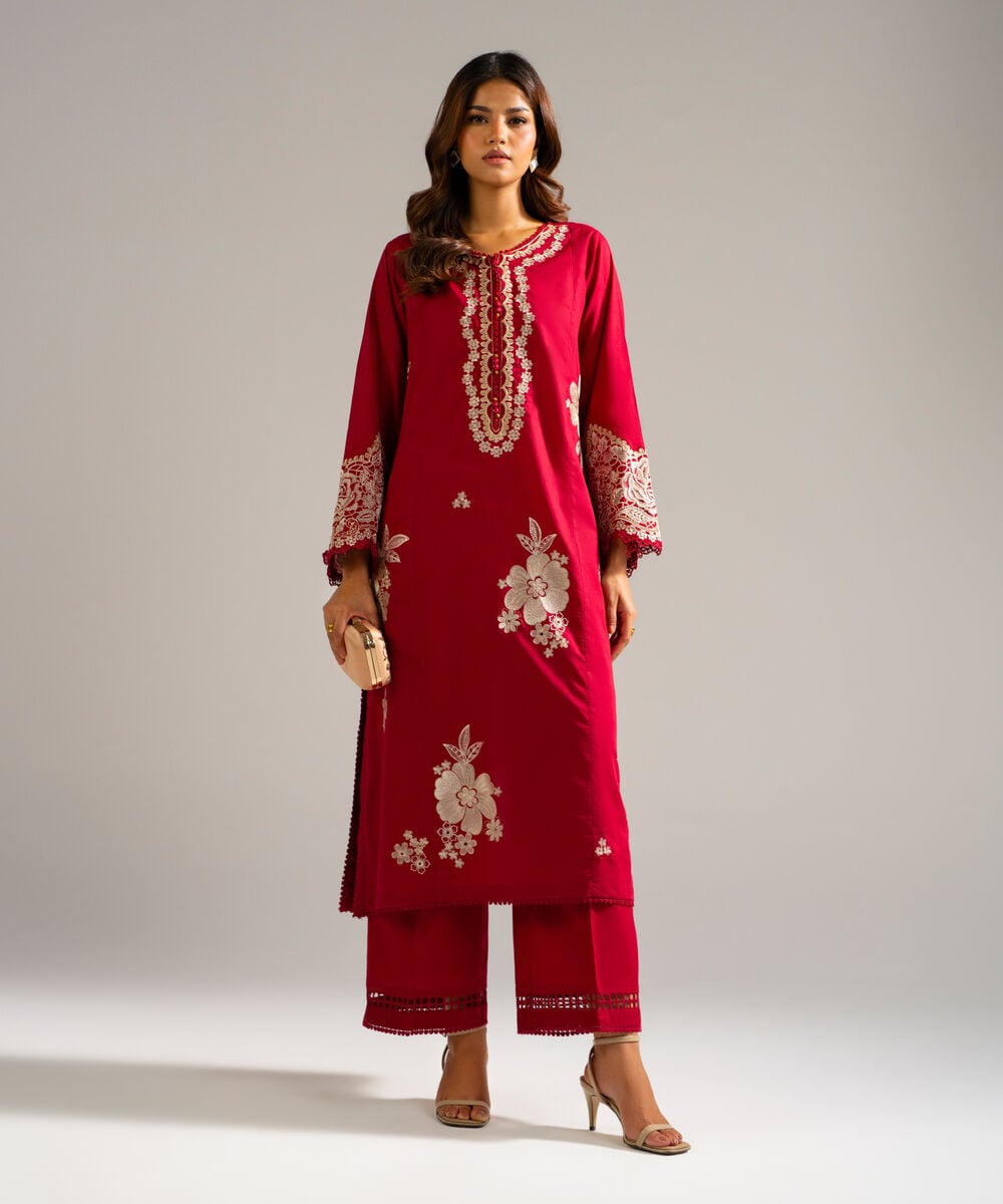 Women's RTW Lawn Embroidered Maroon 2 Piece Suit