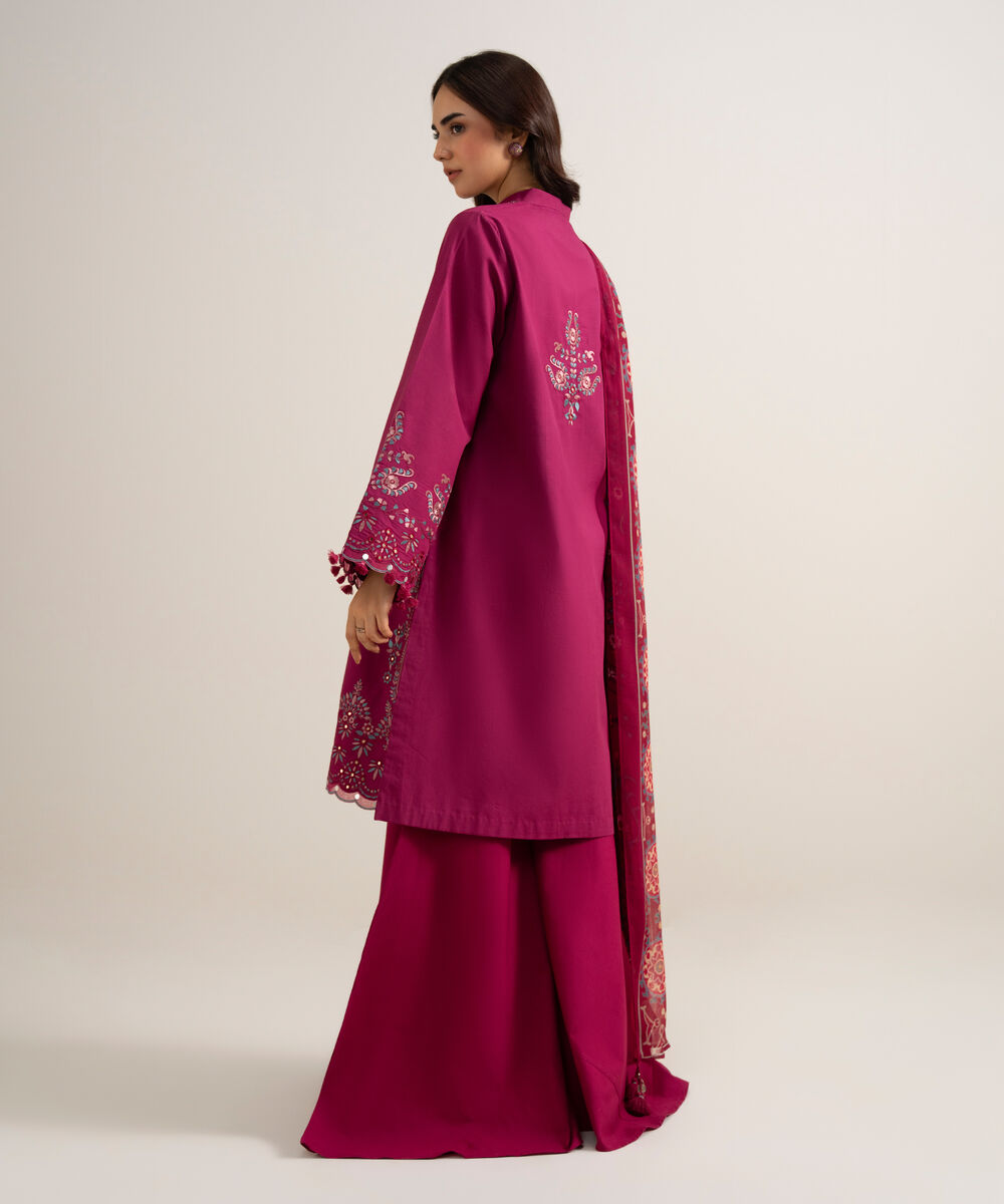 Women's Unstitched Embroidered Cotton Viscose Plum 3 Piece Suit