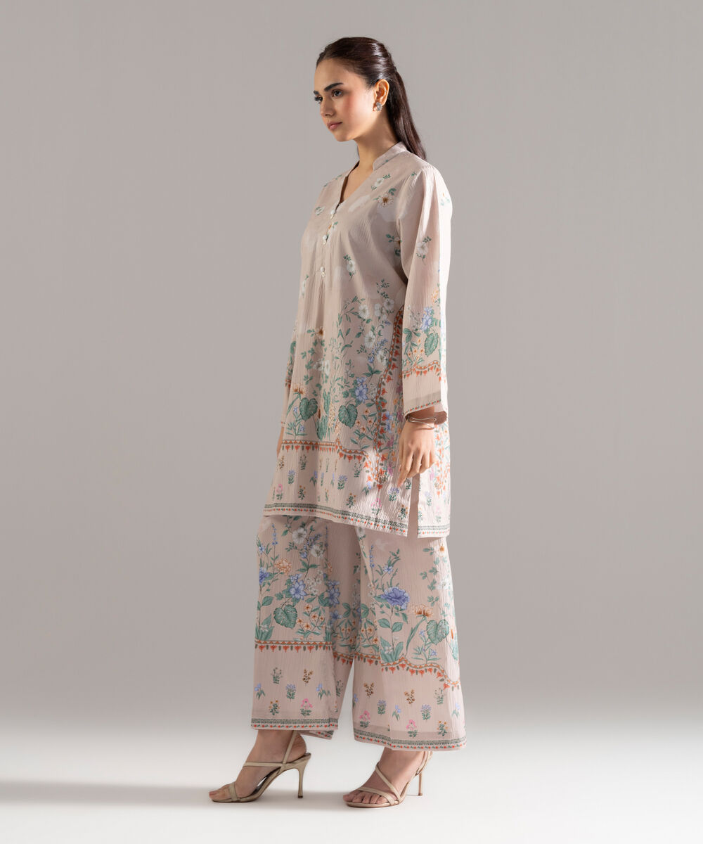 Women's RTW Seersucker Printed Beige 2 Piece Suit