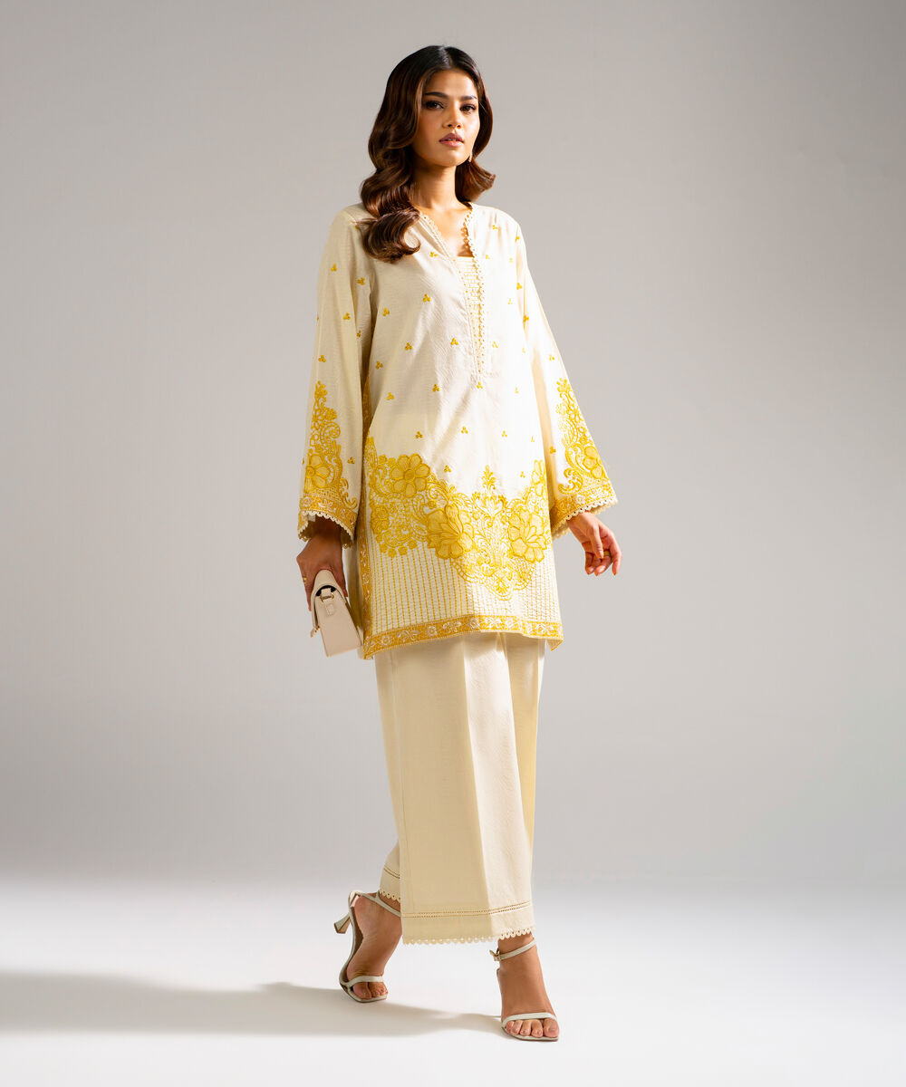 Women's RTW Self Jacquard Embroidered Pale Yellow 2 Piece Suit