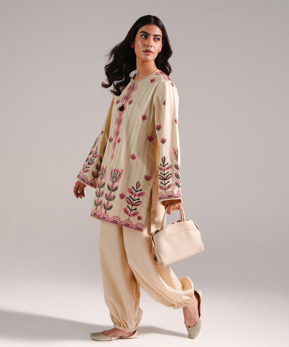 Women's RTW Dobby Embroidered Beige 2 Piece Suit