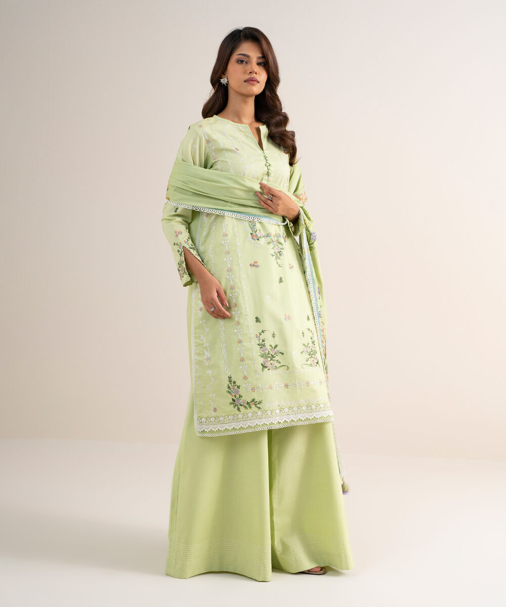Women's Unstitched Fine Cotton Satin Embroidered Green